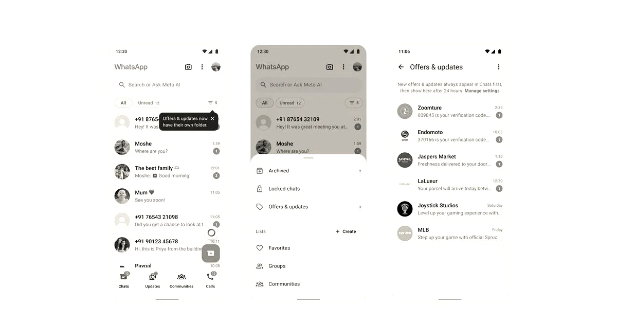 Three smartphone screenshots demonstrating the new WhatsApp offers and updates folder UI side by side.