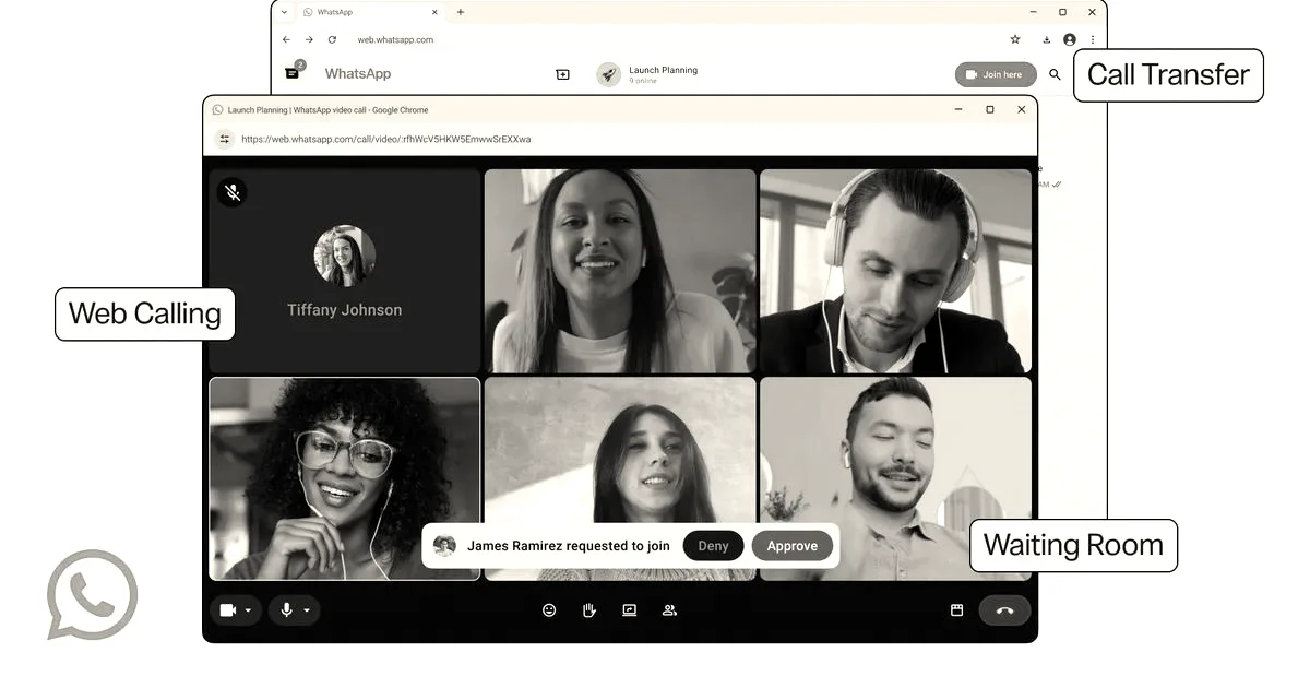 A screenshot of a WhatsApp web video call interface showing multiple participants in a grid layout.