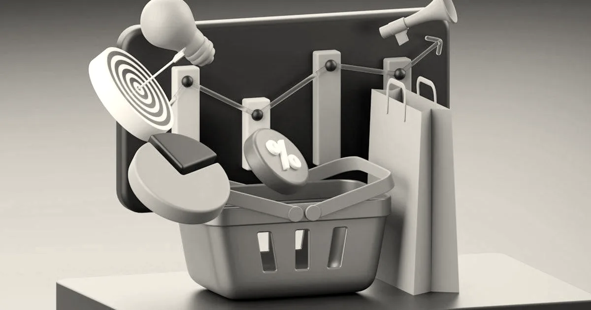 3D render of a shopping basket, shopping bag, target icon, and growth chart symbolizing digital retail analytics.