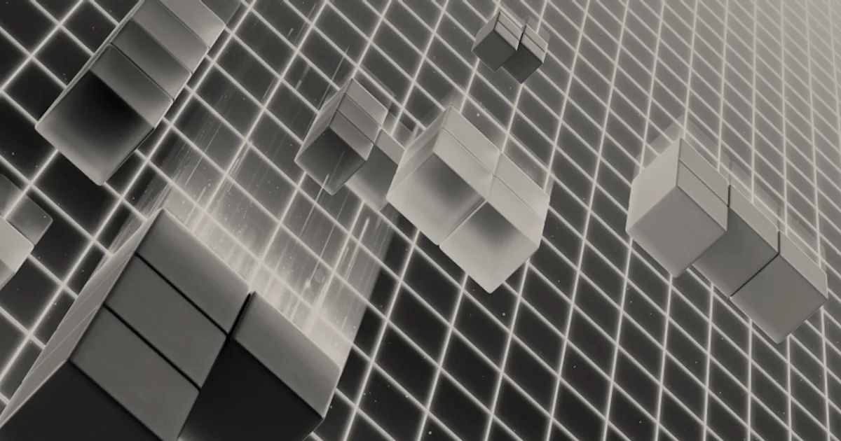Colorful geometric Tetris blocks floating over a glowing blue grid background in 3D perspective