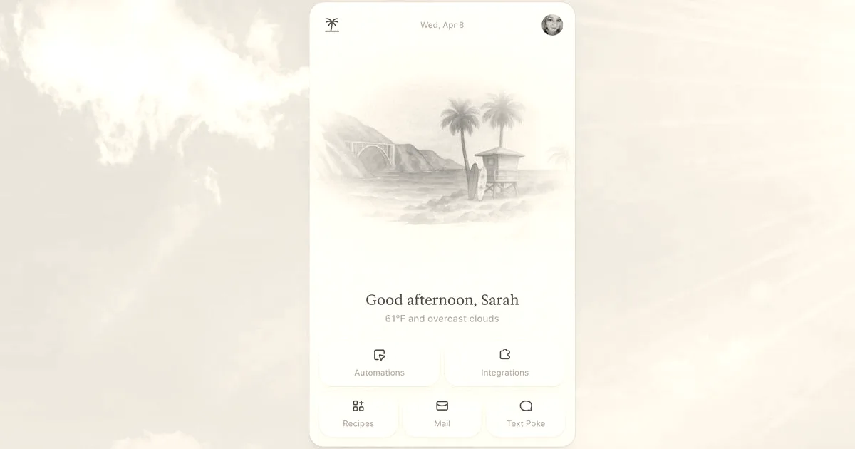 A stylized beach app interface showing weather, automations, and messaging options on a blue background.