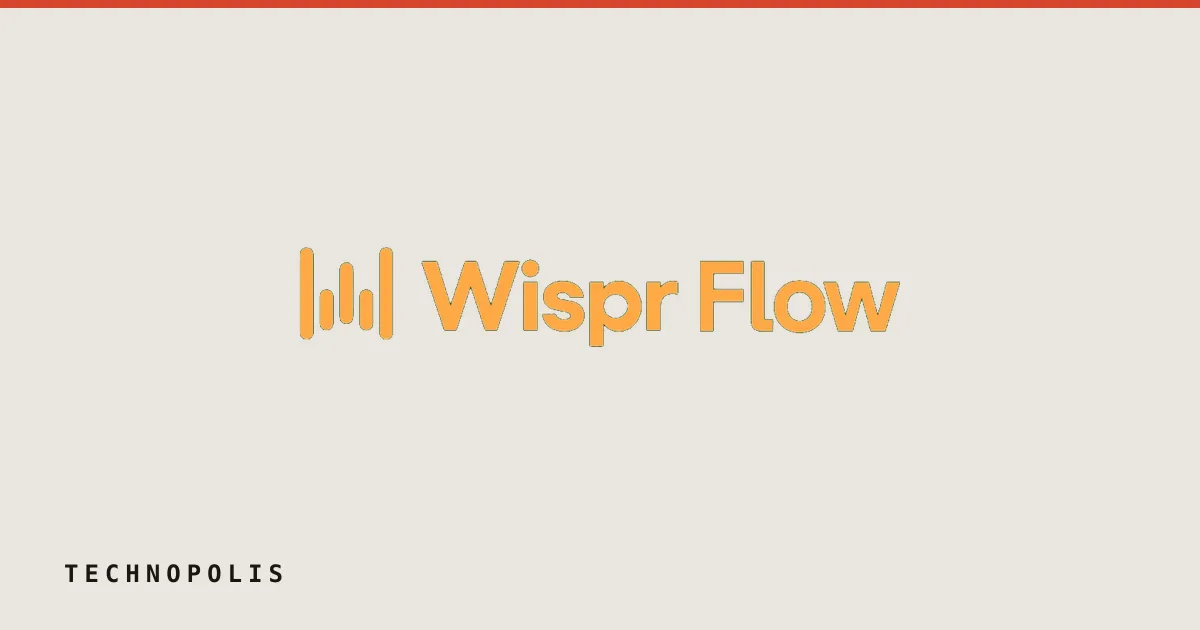 Wispr Flow logo in orange text with an audio waveform icon against a dark green background.