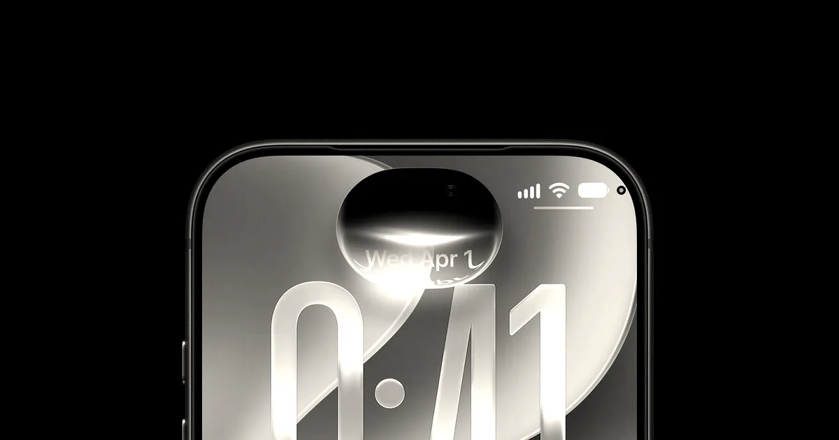 Top of an iPhone screen showing the dynamic island and glowing Siri interface with clock display.