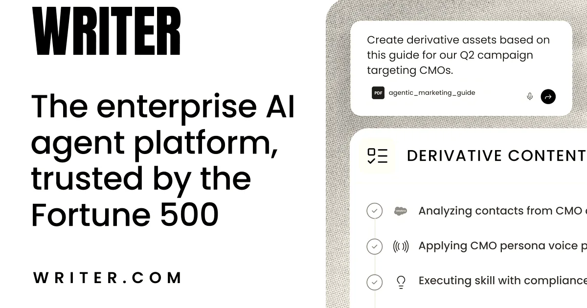 Graphic showing Writer logo and enterprise AI agent platform messaging alongside an application workflow interface.