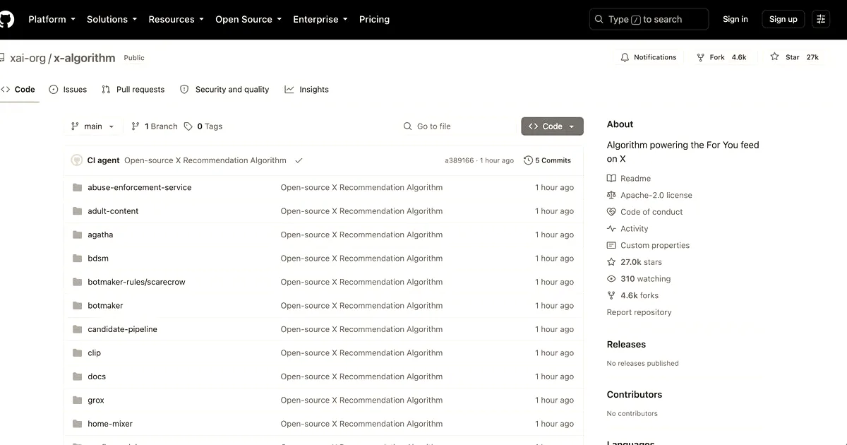 A screenshot of the X recommendation algorithm repository hosted on GitHub showing code folders and descriptions.