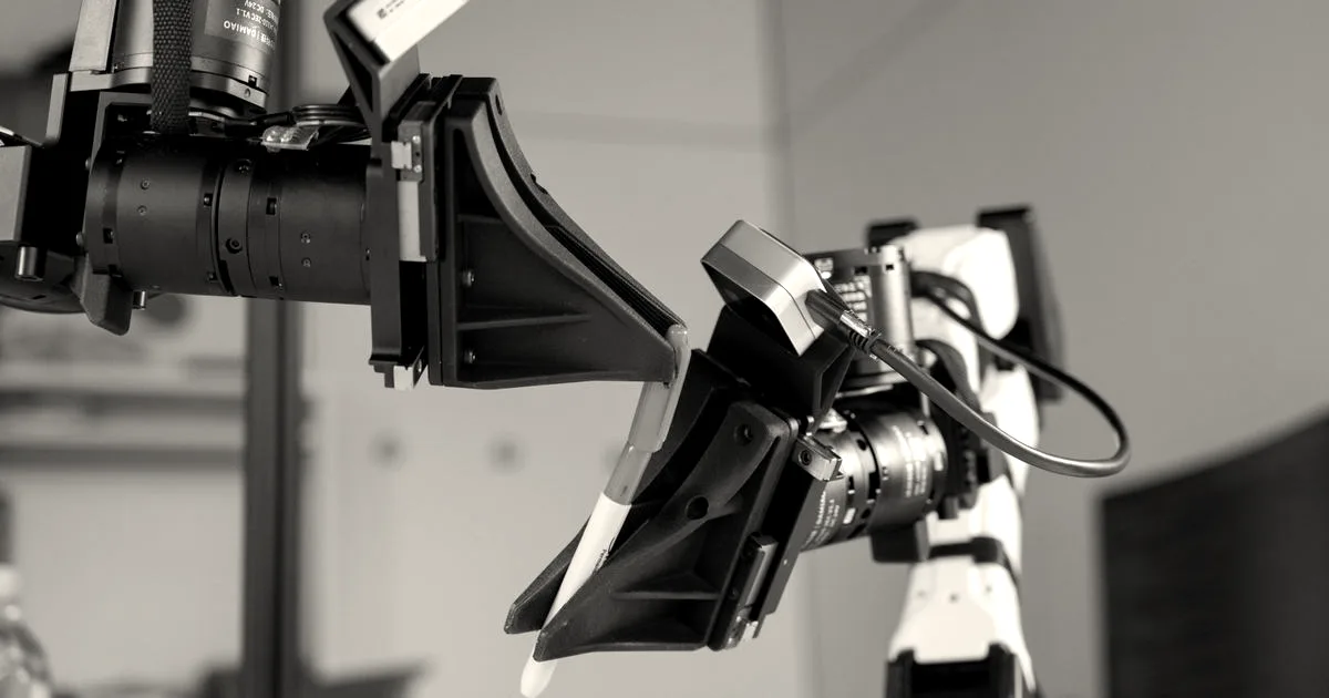 Two robotic arms equipped with specialized grippers precisely manipulating a marker and its cap.