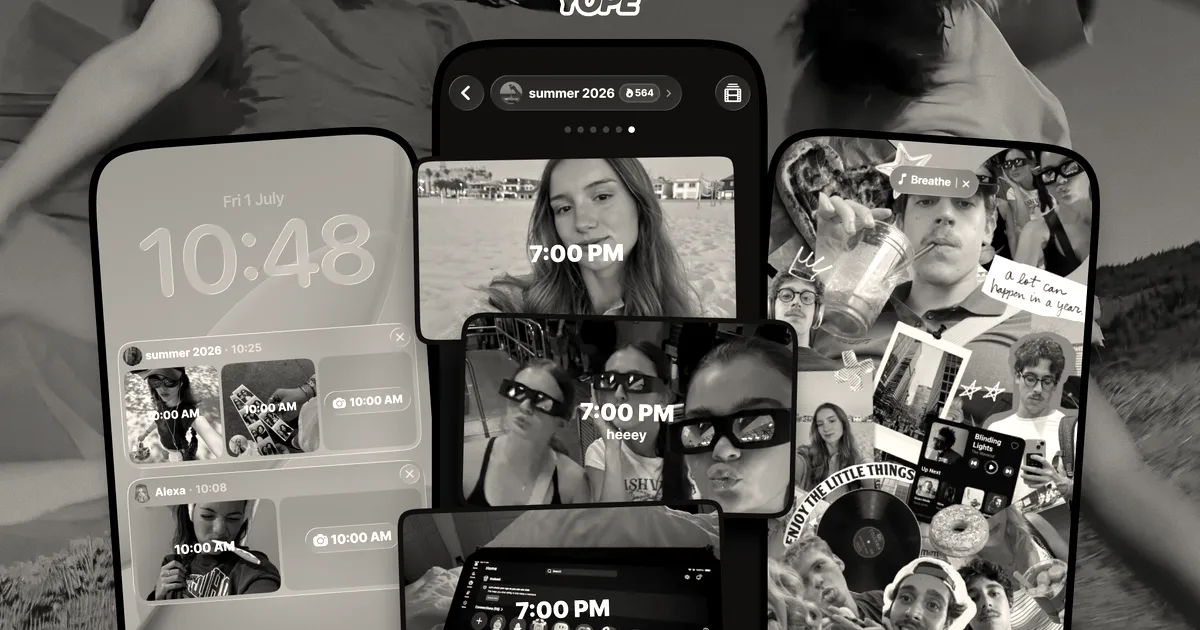 Collage of smartphone screens displaying the Yope private social network app with photos and timestamps.