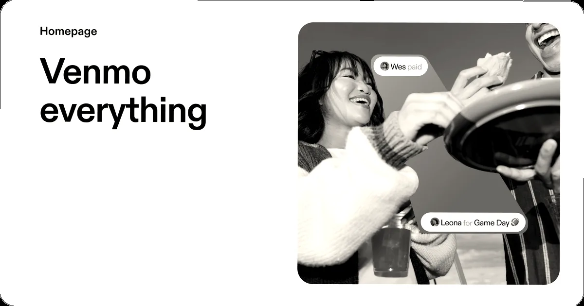 A promotional graphic showing young people socializing outdoors beside the text 'Venmo everything.'