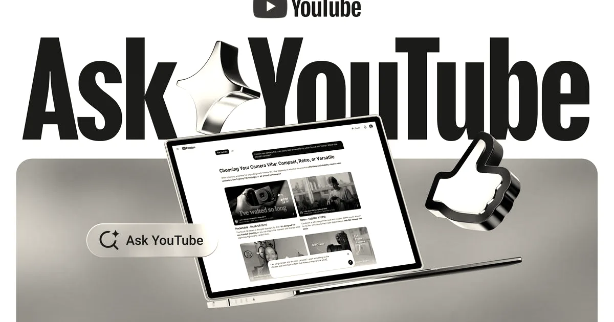 Ask YouTube promotional graphic displaying a laptop showing video recommendations alongside branding and icons.