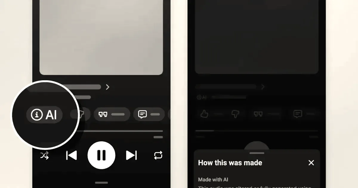 Smartphone interface mockup displaying YouTube Music with a highlighted label indicating content was made with AI.