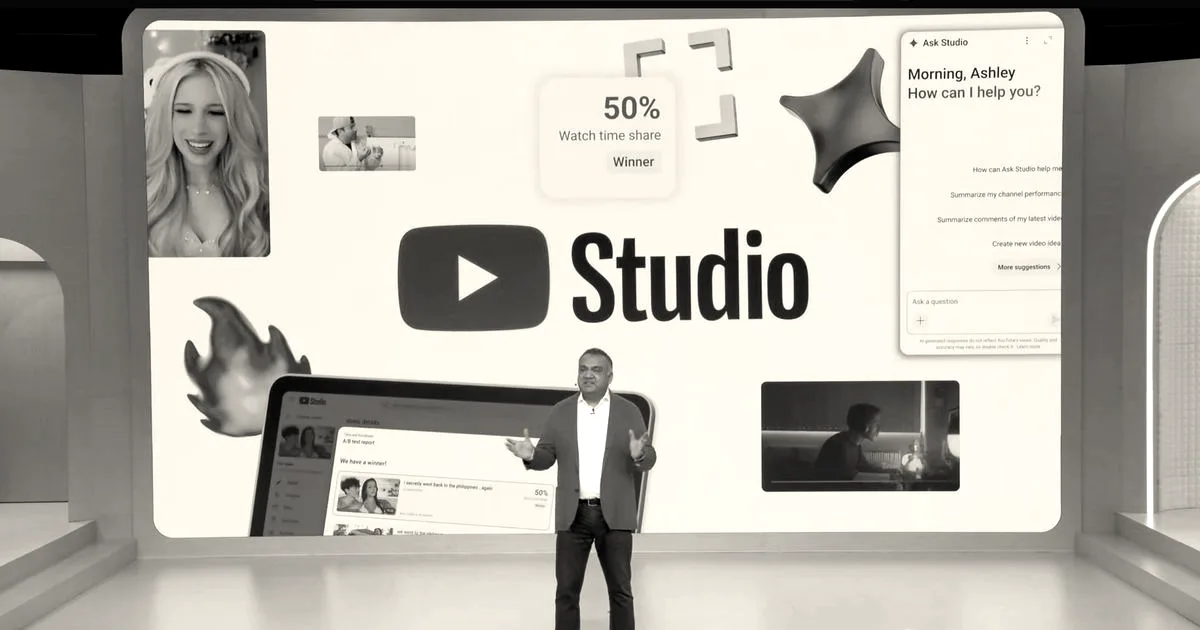 A presenter on stage speaking in front of a screen displaying the YouTube Studio logo and creator tools.