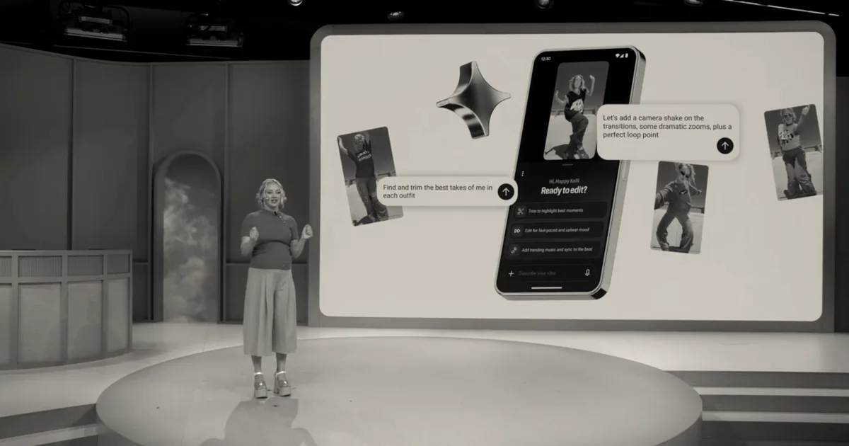A presenter on stage beside a large screen showing a mobile video editing interface.