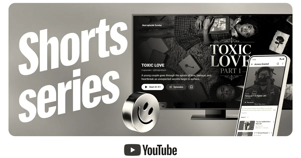 Graphic announcing YouTube Shorts series featuring a television and mobile phone displaying episodic content.