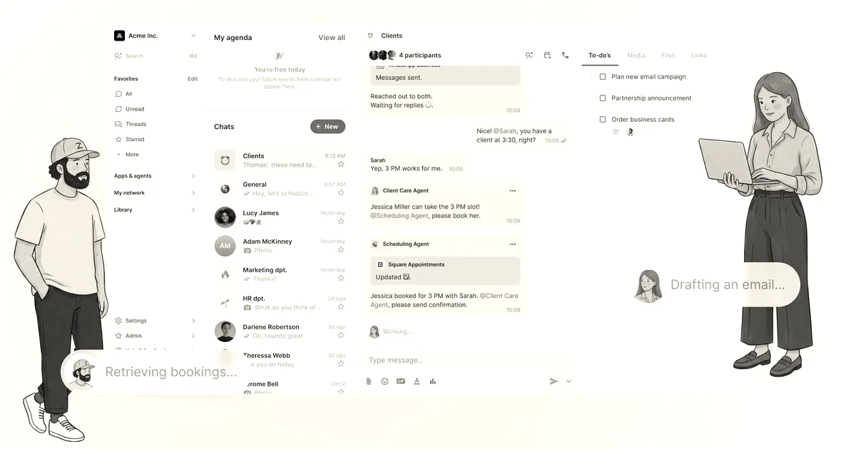 Illustration of two workers interacting with digital chat interfaces and AI agents on a work platform.